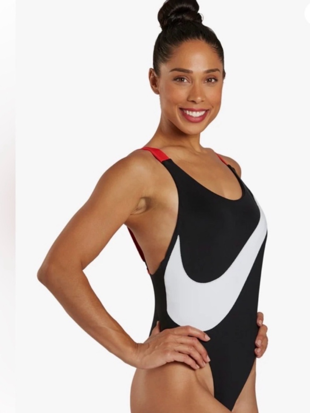 Nike Black One-Piece Swimsuit with White Swoosh and Red Straps